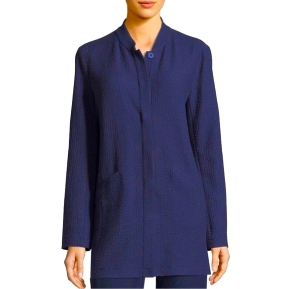 EILEEN FISHER PETITE Stand Collar Front Snap Jacket Blue - Picture 1 of 9
